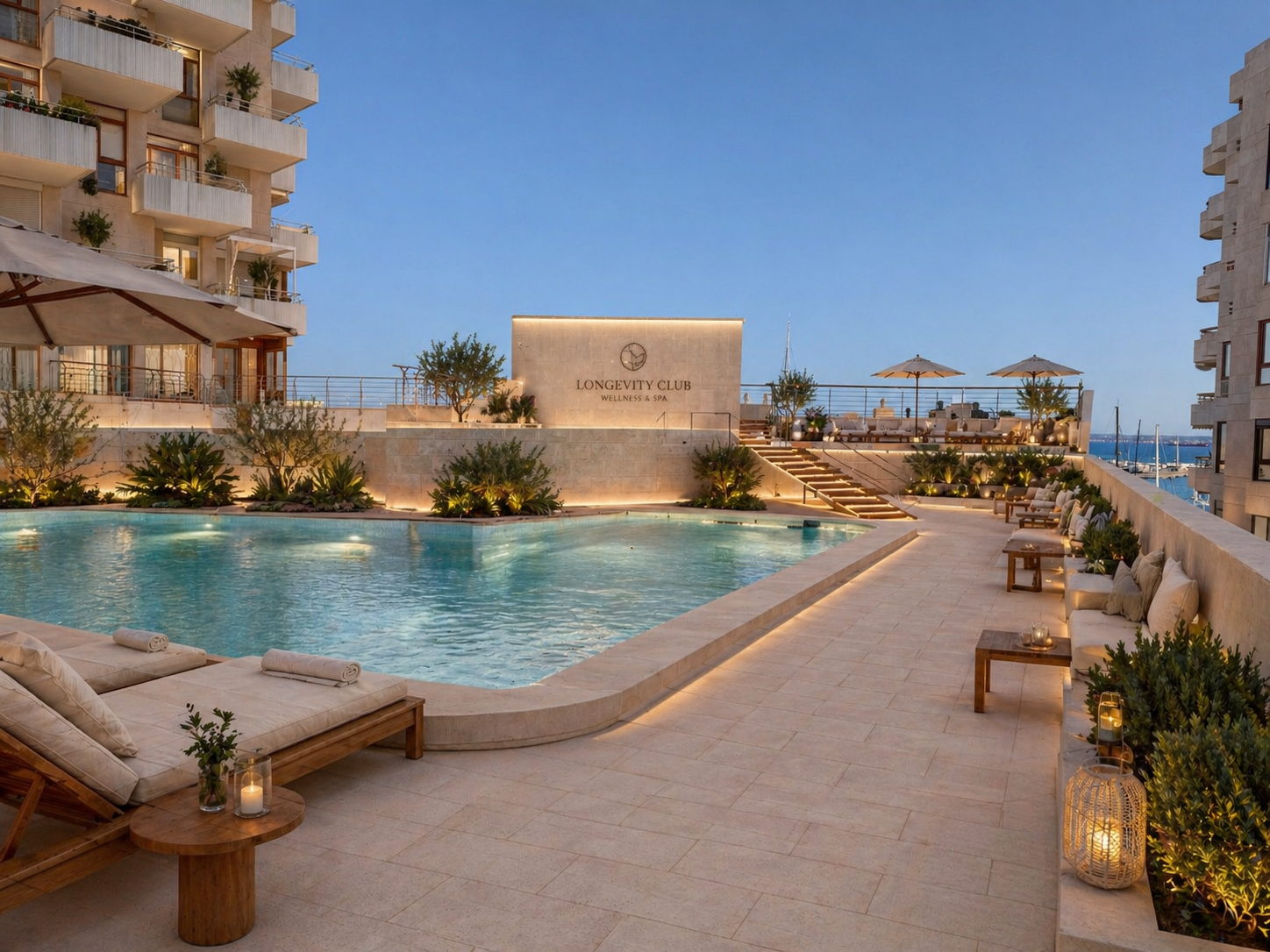 La Caleta Longevity Club rooftop pool at dusk